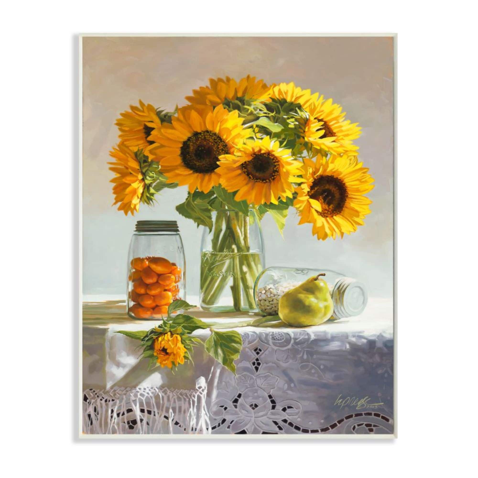 Stupell Industries Farmhouse Sunflower Still Life Country Fruit Jars Wood Wall Plaque